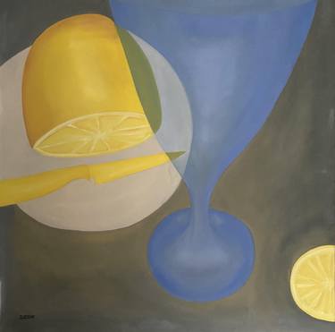 Lemon, knife and a glass thumb