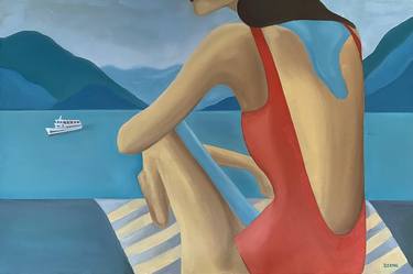 Woman sunbathing on Lake Como thumb
