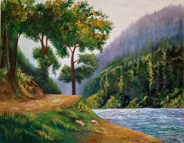 Original Impressionism Landscape Painting by Riffat Mujeeb