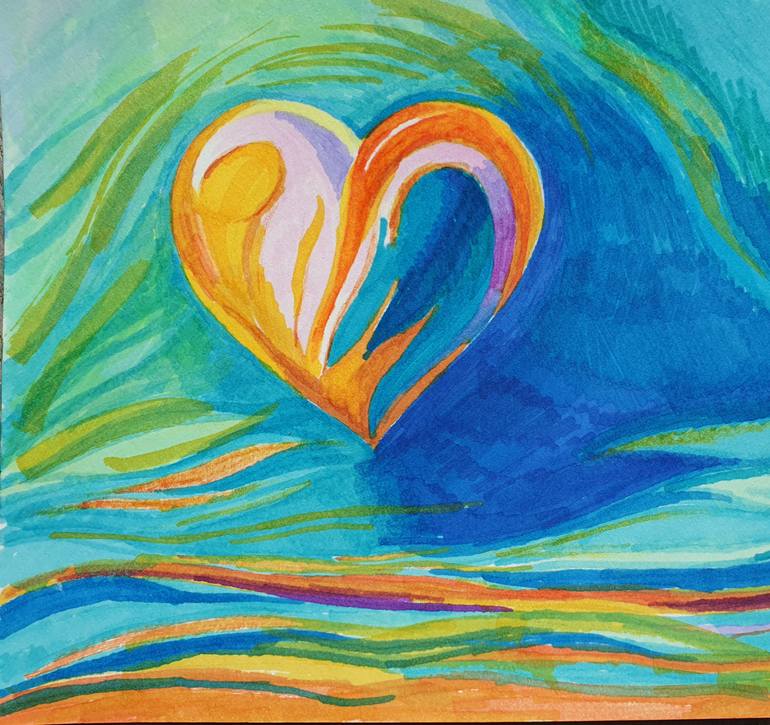 Original Fantasy Drawing by Elena Simonova | Abstract Art on Paper | A seaside sunset in the heart