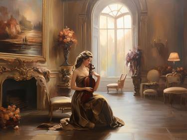 Elegant Classical Music Room Decor, Violinist Oil Painting thumb