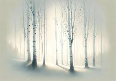 Misty Birch Forest, Tranquil Nature Wall Art, Ethereal Woodland thumb