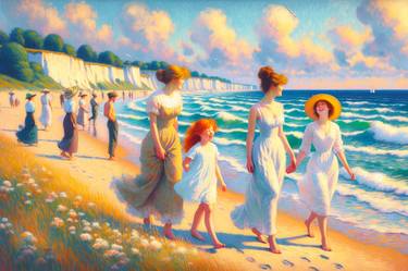 Victorian Beach Stroll Oil Painting, Vibrant Seaside Scene Art thumb