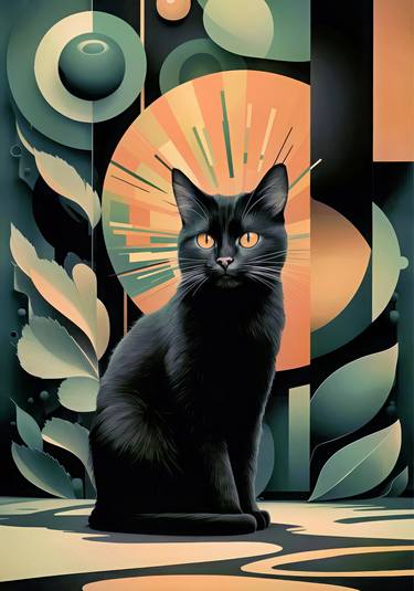 Majestic Black Cat Art Print, Modern Geometric Decor thumb