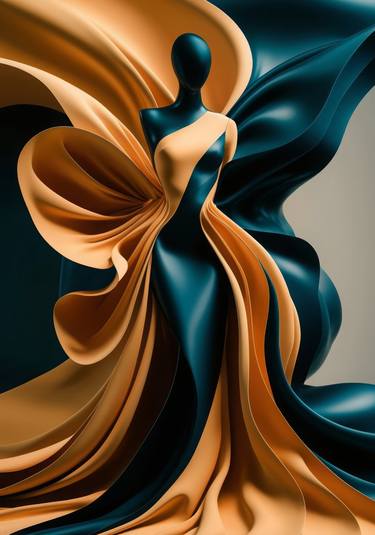 Elegant Abstract Woman Figure Art Print, Luxurious Gold and Blue thumb