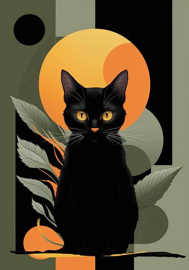 Black Cat Art Print, Modern Feline Illustration thumb