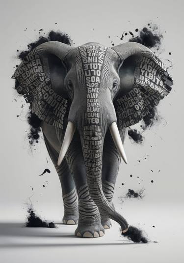 Typographic Elephant Artwork 28x40", Black and White thumb
