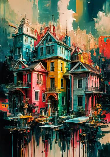 Surreal Victorian Houses Art Print, Colorful Imaginary Cityscape thumb