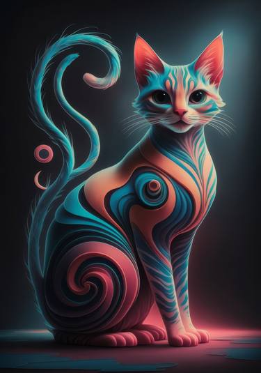Mesmerizing Abstract Cat Art Print, Vivid Colors Swirling Feline thumb