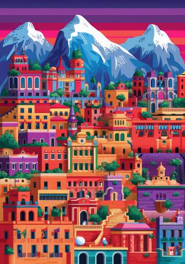 Vibrant Mountain Town Art Print, Colorful Architectural Landscape thumb