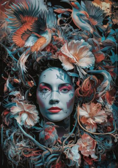 Surreal Floral Woman Portrait, Fine Art Paper Print thumb