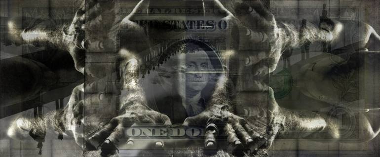 Original Still Life Collage by Leni Smoragdova | Abstract Expressionism Art on Aluminum Dibond | A Portrait of power- what can't be washed: Dollar