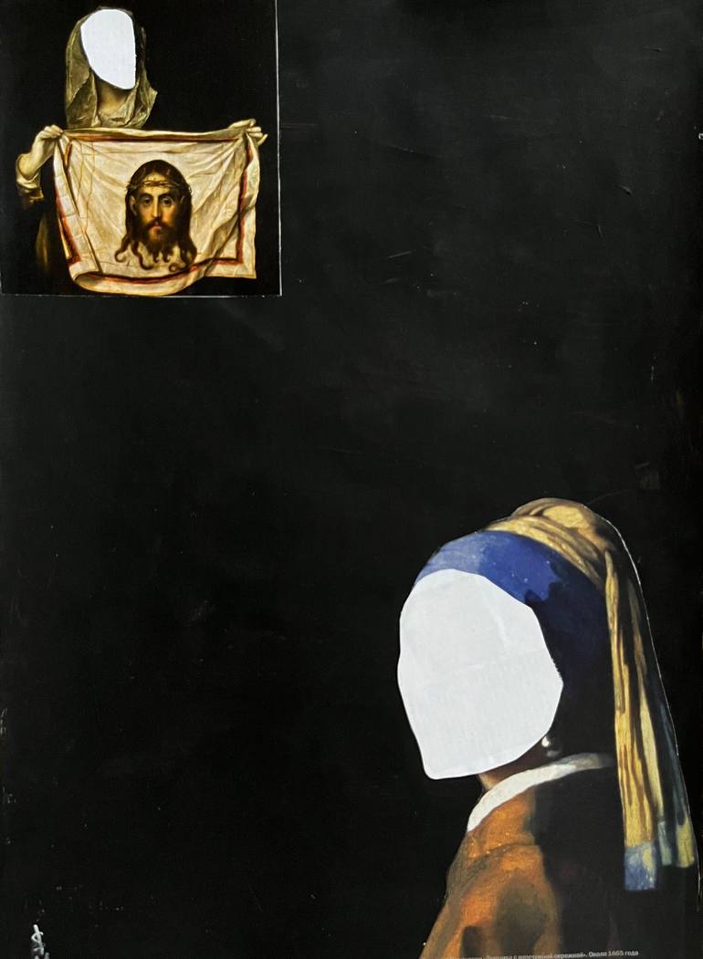 Original Women Collage by Leni Smoragdova | Conceptual Art on Cotton Paper | --== / Portrait of a Young Woman with hidden face 1 - {$M}