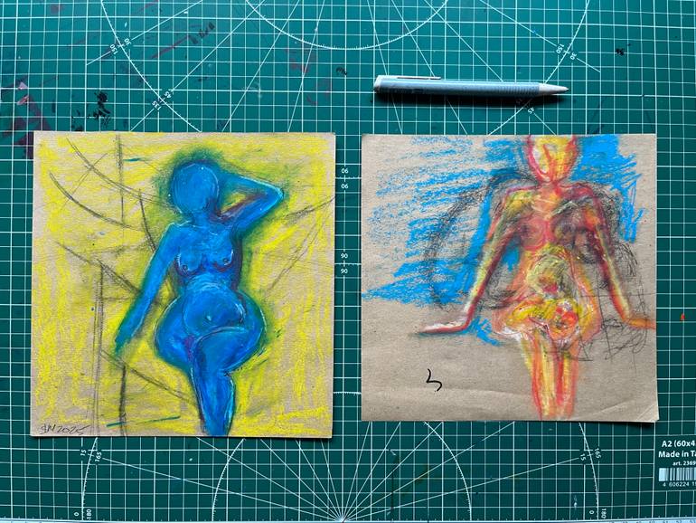 Original Abstract Expressionism Erotic Drawing by Leni Smoragdova