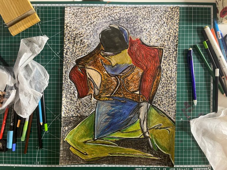 Original Abstract Expressionism Men Drawing by Leni Smoragdova