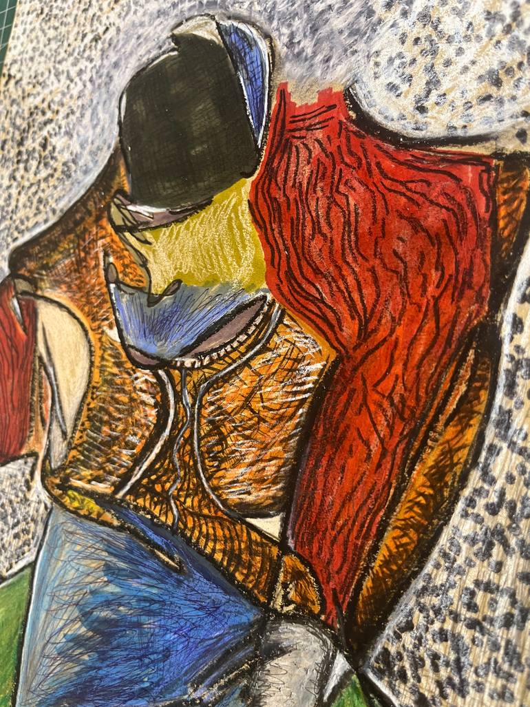 Original Abstract Expressionism Men Drawing by Leni Smoragdova