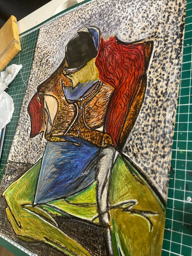 Original Abstract Expressionism Men Drawing by Leni Smoragdova