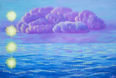 Four suns on the sea with a purple cloud thumb
