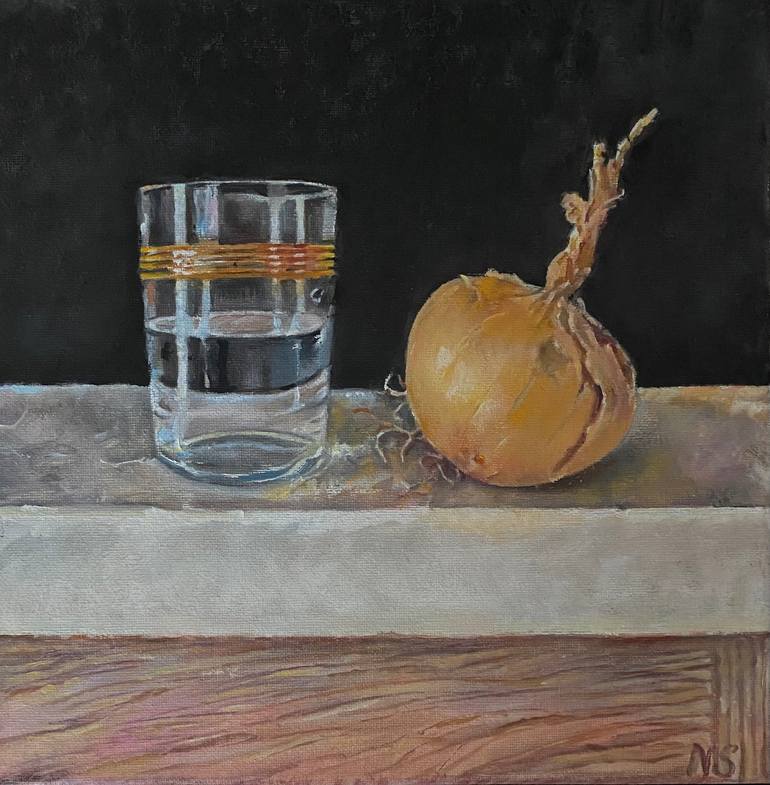 Original Still Life Painting by Natalia Simonian | Figurative Art on Canvas | Still life with an onion and a glass of water