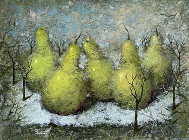Moody still life: pears in a winter landscape with fruit trees thumb