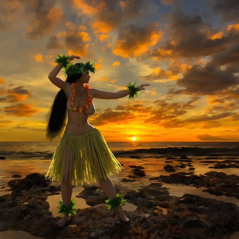 Hula Dancer at Sunset Painting by Andy Jackson | Saatchi Art