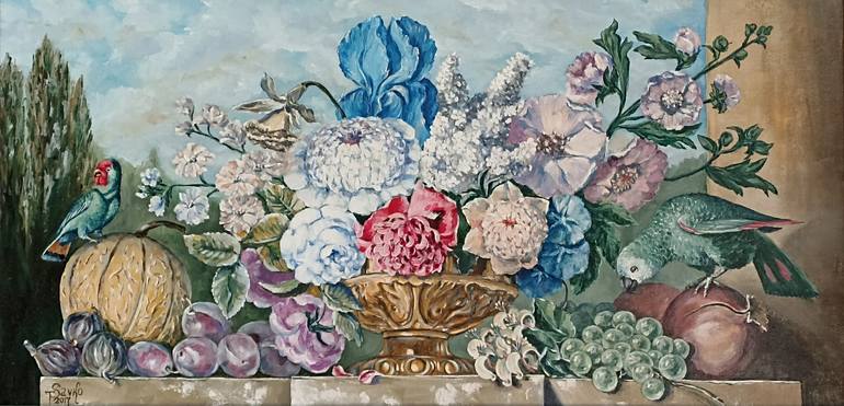 Original Floral Painting by Tetyana Donets | Baroque Art on Canvas | Bouquet of flowers with fruits and parrots.
