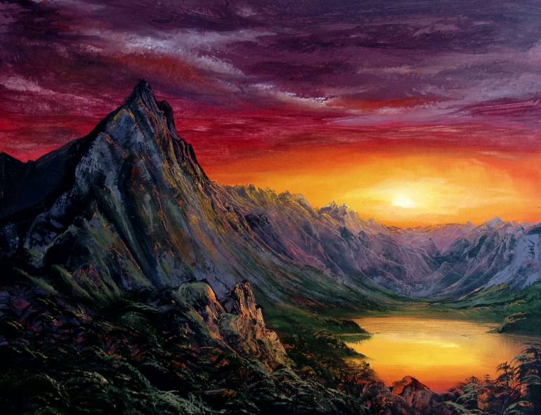 Original Landscape Painting by Gerald Prior | Realism Art on Paper | Golden Hour at the Lake.