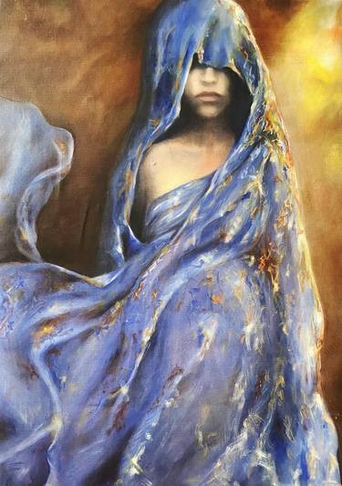 Pregnant Woman. Oil Painting in Blue and Brown Tones thumb