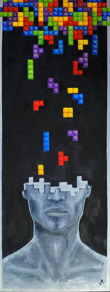 Tetris. Surreal portrait of man. Pop-art painting thumb