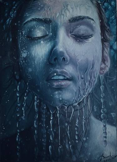 Blue Beauty: Portrait with Water Droplets thumb