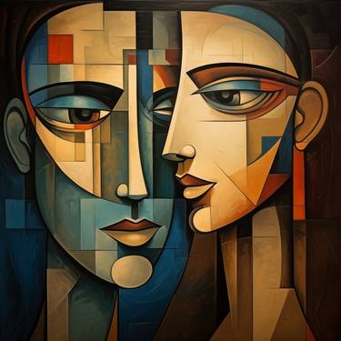 Vivid Faces: Cubist Painting of Woman and Man thumb