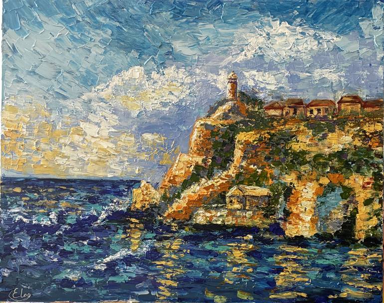 真作「Landscape painting aegean sea」F8号 シナベニア 油彩 Aegean