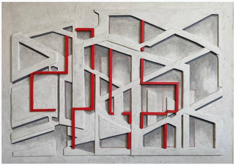 Original Architecture Mixed Media by Stanislav Belovski | Geometric Art on Concrete | Concrete and Red Strokes 2