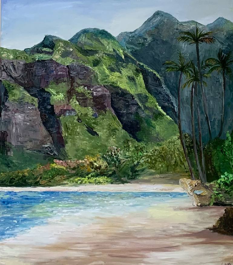 Paradise Island, seascape with mountains view ocean scene Painting