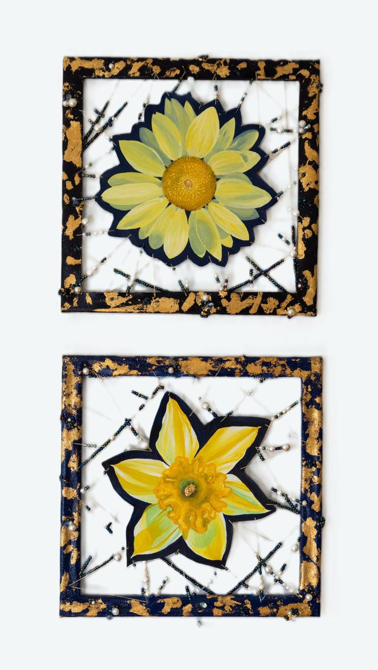 Original Floral Mixed Media by Andrea Ploch | Abstract Art on Fiber | Daffodil & Sunflower Lighting the Night