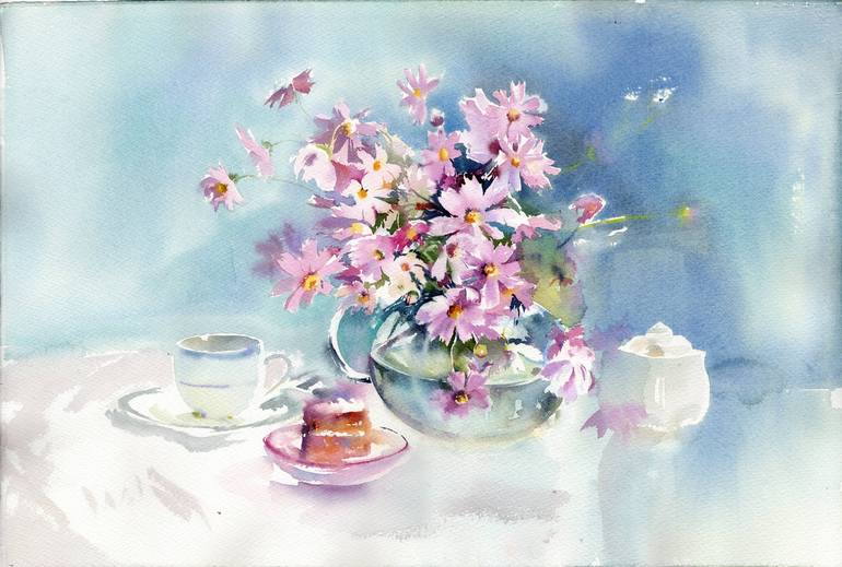 Original Floral Painting by Alla Prisacar | Contemporary Art on Paper | Watercolor. The bouquet of pink flowers in watercolor