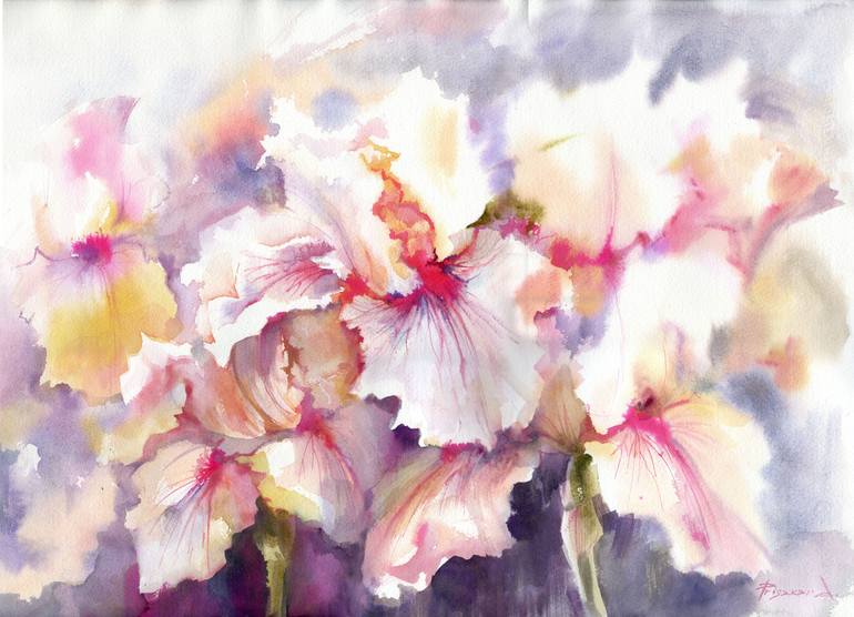 Original Floral Painting by Alla Prisacar | Impressionism Art on Paper | White Irises with pink and blue.
