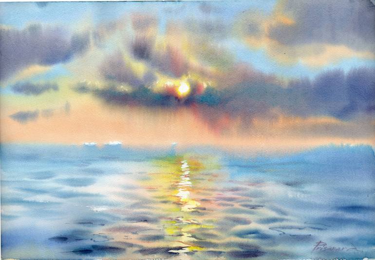 Original Landscape Painting by Alla Prisacar | Realism Art on Paper | Solors of the sunset .Watercolor painting.