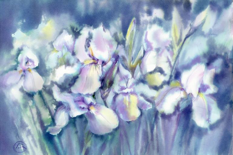 Original Floral Painting by Alla Prisacar | Impressionism Art on Paper | The Night Iris Garden.