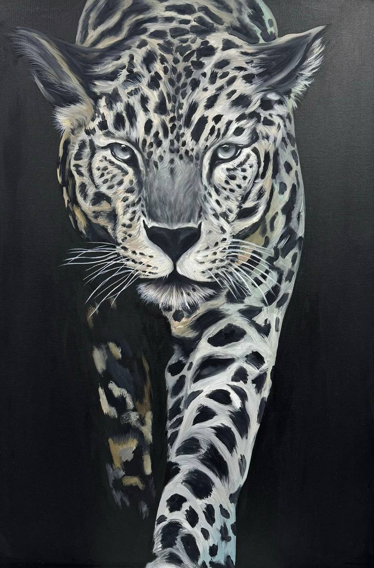 Original Animal Painting by Art Keti | Black & White Art on Canvas | Jaguar in the Night Jungle