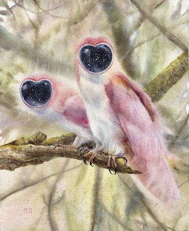 The call of the unconscious - pink owls watercolor painting thumb