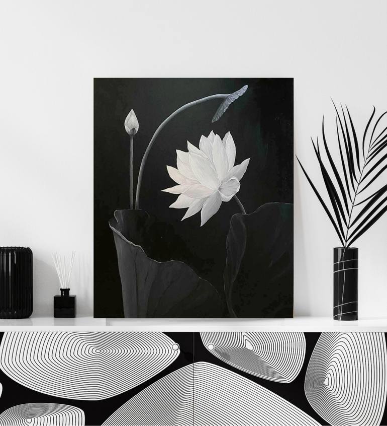 Original Black & White Floral Painting by Anastasiia Dimitrova