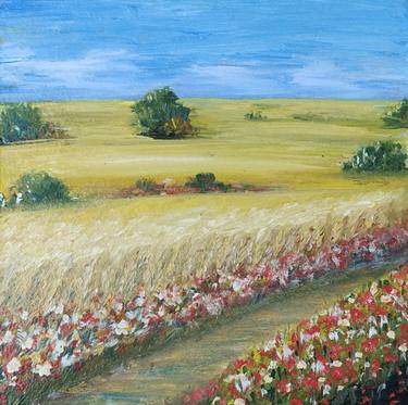 Oil landscape, painting "Field", wheat, poppies, wild flowers thumb