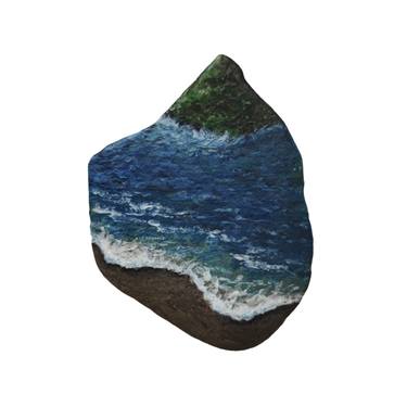Sea landscape, painting "Island " on sea stone, original art thumb