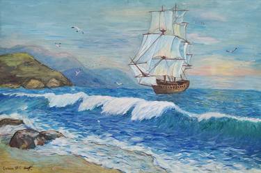 Painting "Parus", sailing ship, sea, sunset, mountains, birds thumb