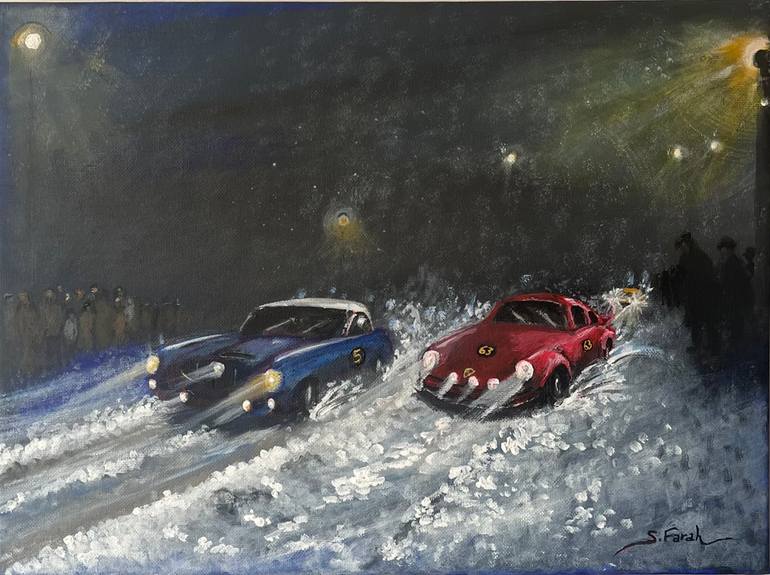 Original Car Painting by Samir Farah | Impressionism Art on Canvas | Night Race In The Snow