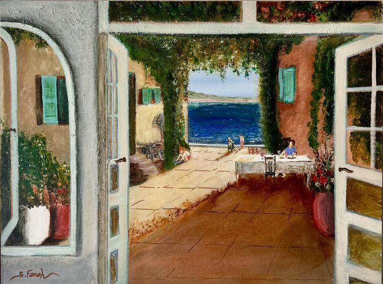 Original Landscape Painting by Samir Farah | Impressionism Art on Canvas | Homes by the Lake