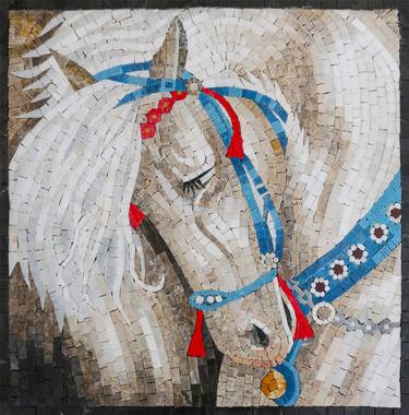White horse Marble Mosaic wall Art thumb