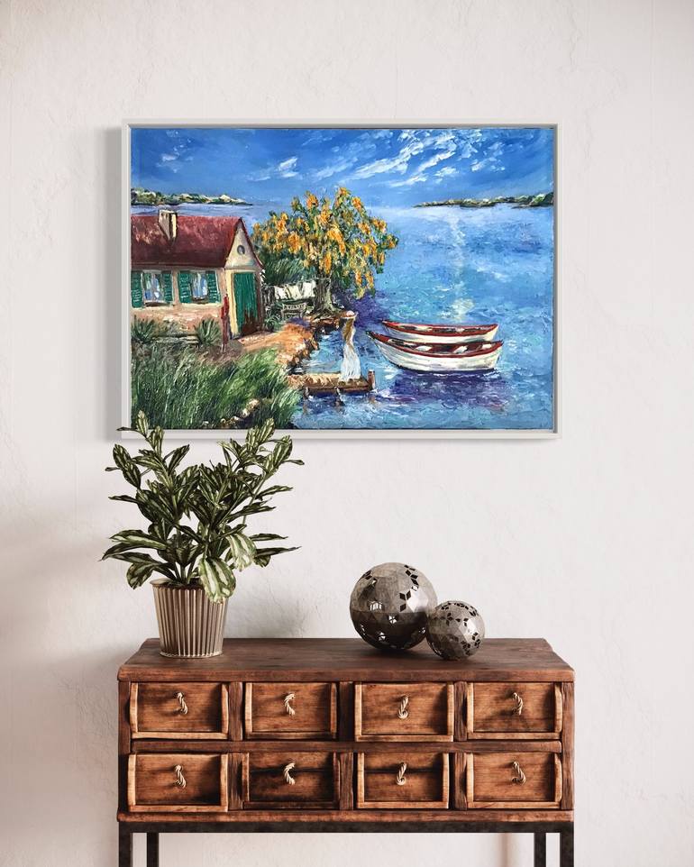 Original Art Deco Boat Painting by Liliia Kaluzhyna