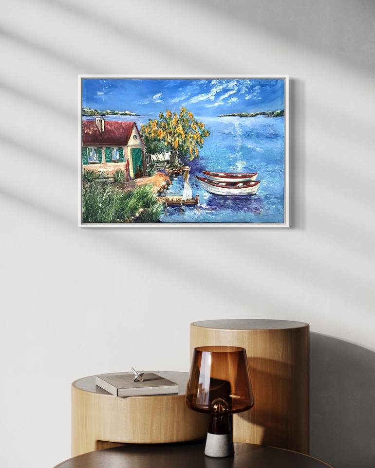 Original Art Deco Boat Painting by Liliia Kaluzhyna